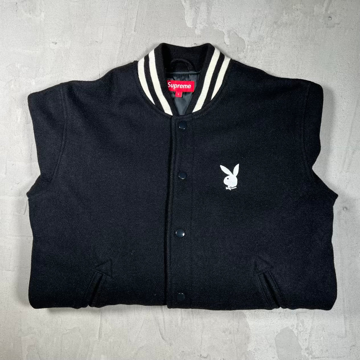 Supreme Playboy Bunny Woll Black Varsity Jacket (2011) Size Large USED x18505