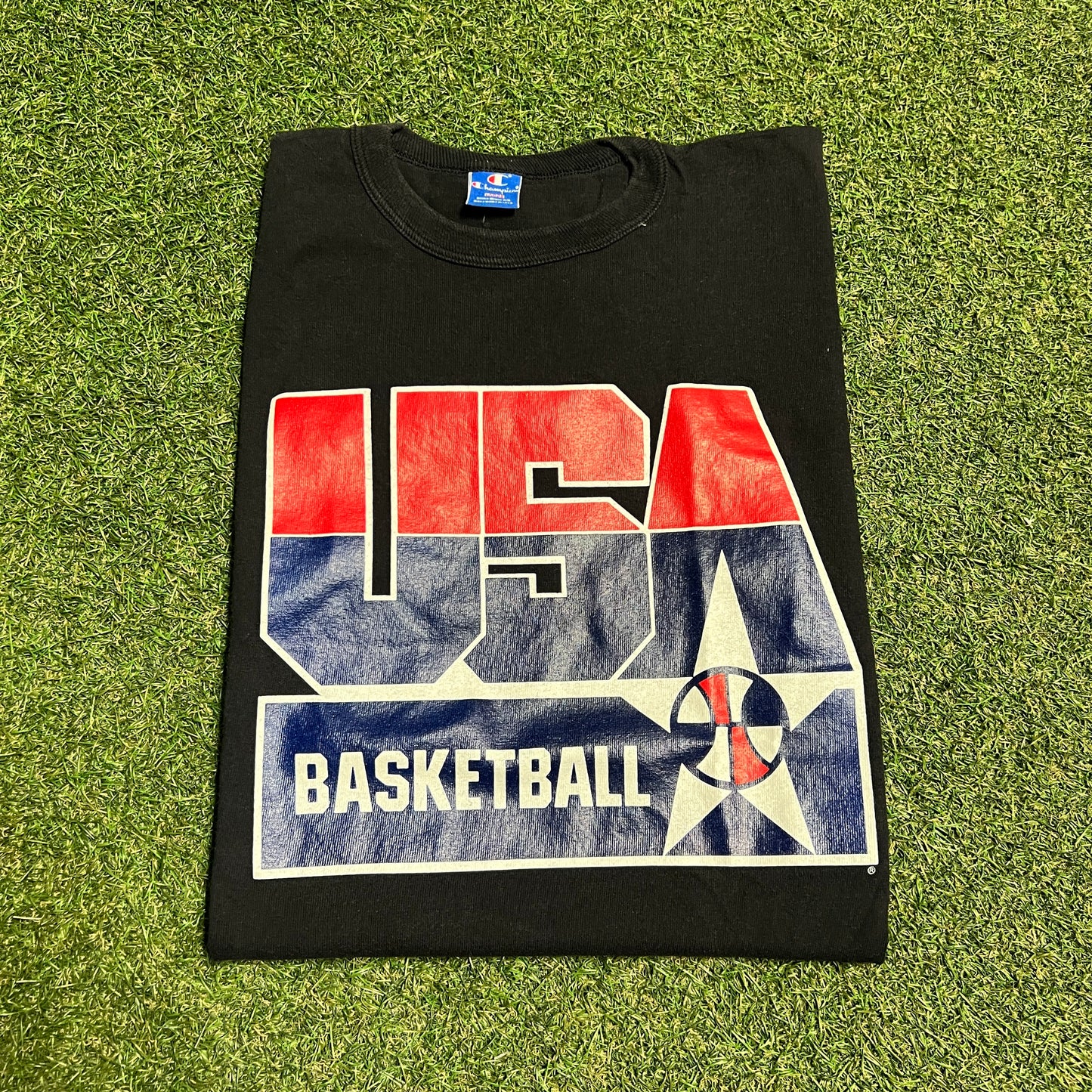 1990s Chsmpion USA Basketball Black Tee Size Large USED v16266