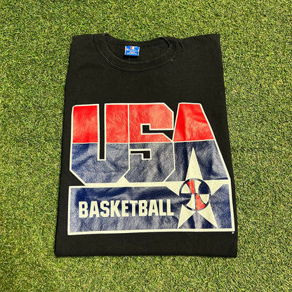 1990s Chsmpion USA Basketball Black Tee Size Large USED v16266