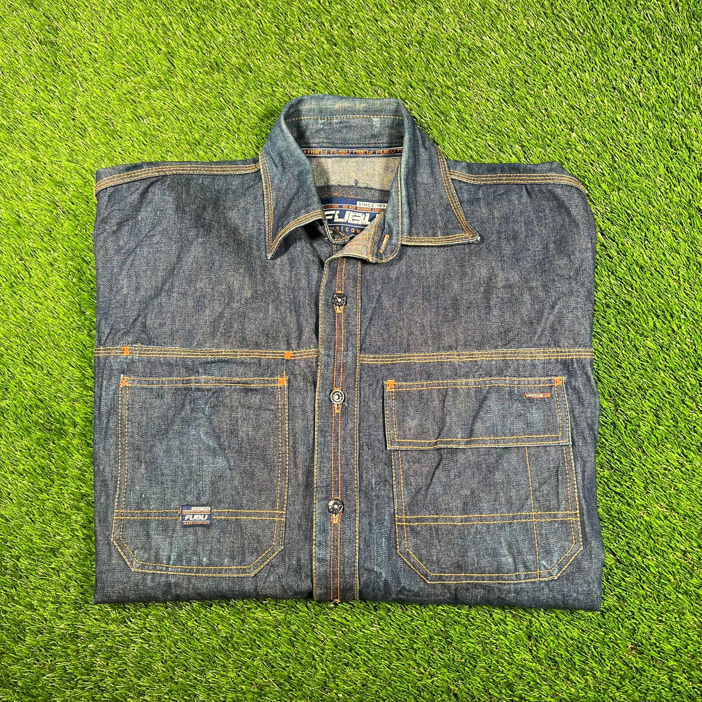 Y2K Fubu Blue Selvedge Denim Shirt Size XXL USED v17895