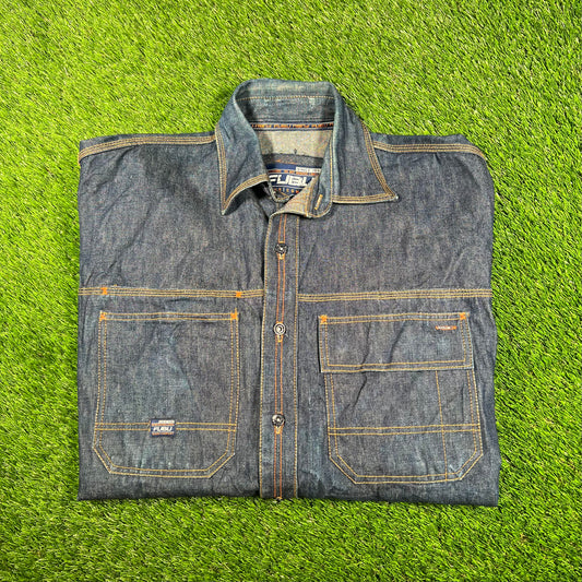 Y2K Fubu Blue Selvedge Denim Shirt Size XXL USED v17895