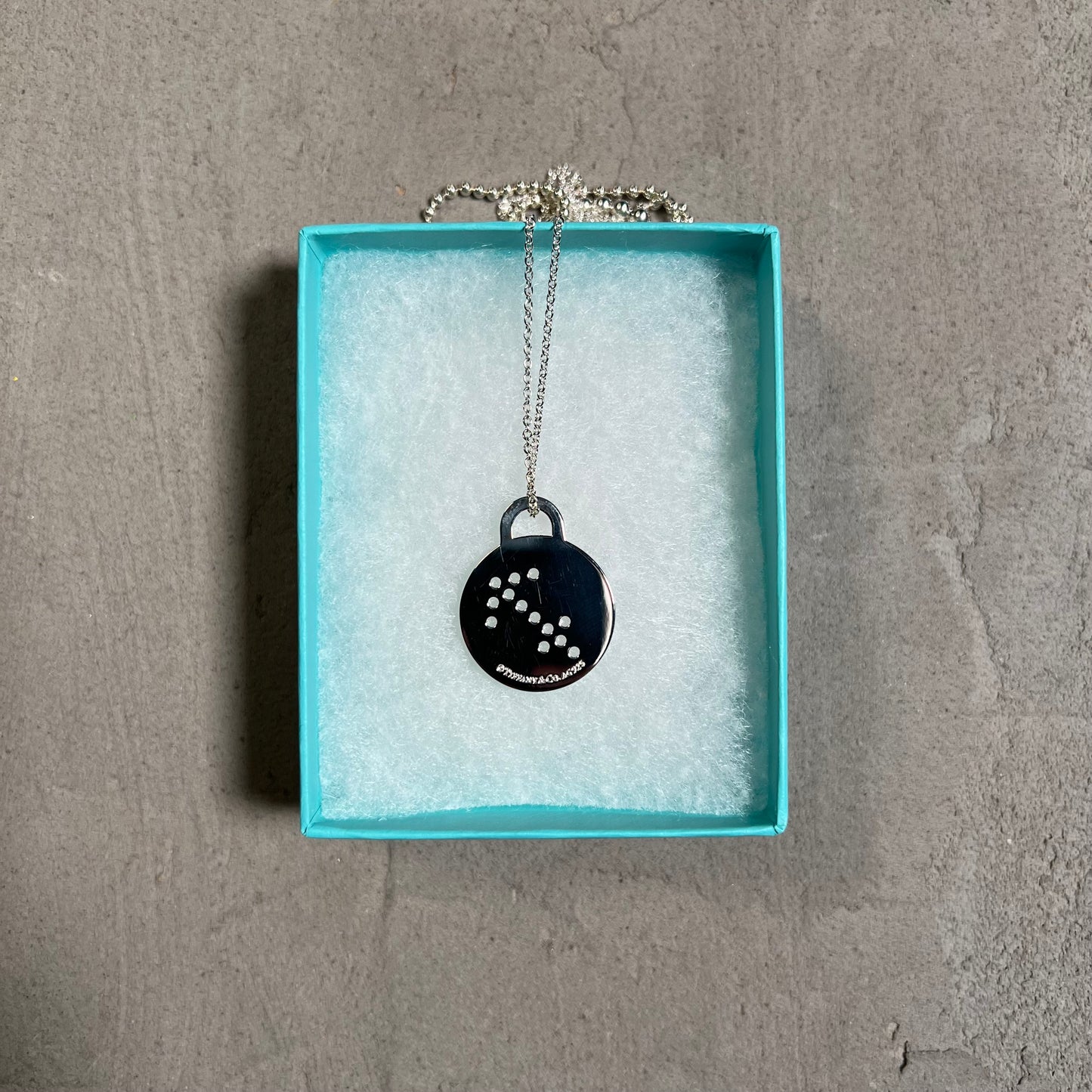 Tiffany & Co Round Tag Zodiac Sagittarius Silver Pendant Necklace USED x17638