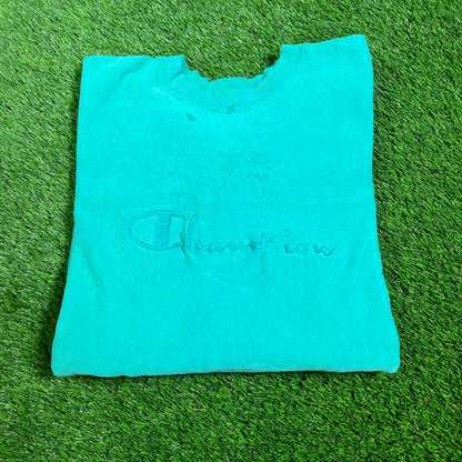 1990s Champion Teal Trashed Crewneck Size Large USED v16529