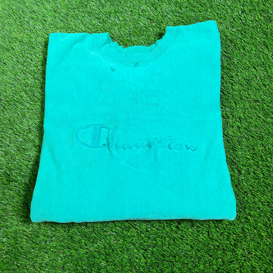 1990s Champion Teal Trashed Crewneck Size Large USED v16529