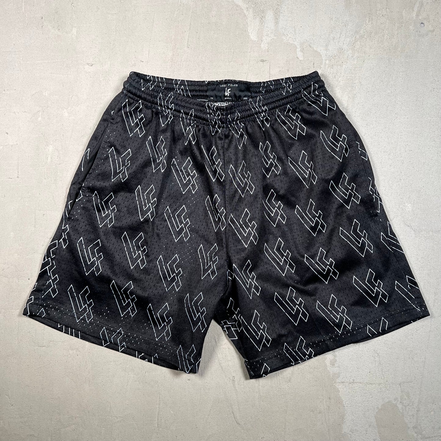 Lost Files Mesh Shorts Black Repeat Logo AOP Size Small USED v19422