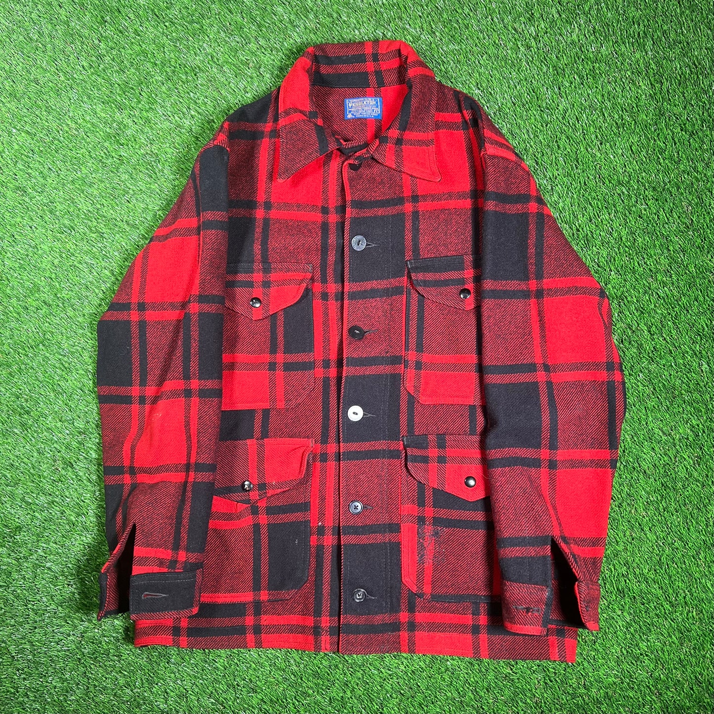1960s Pendleton Red/Black Plaid Button Up Wool Button Up Size Large USED v18205