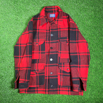 1960s Pendleton Red/Black Plaid Button Up Wool Button Up Size Large USED v18205