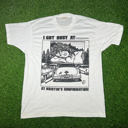 1990s White "I Got Busy At...At Kristin's Confirmation" Tee Size XL USED v16921
