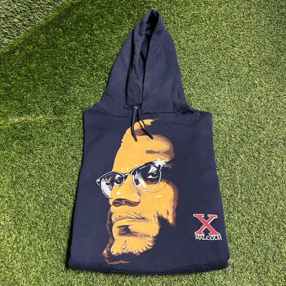 1990s Malcolm X Portrait Print Navy Blue Hoodie Size XL USED v16427