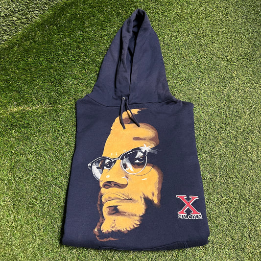 1990s Malcolm X Portrait Print Navy Blue Hoodie Size XL USED v16427