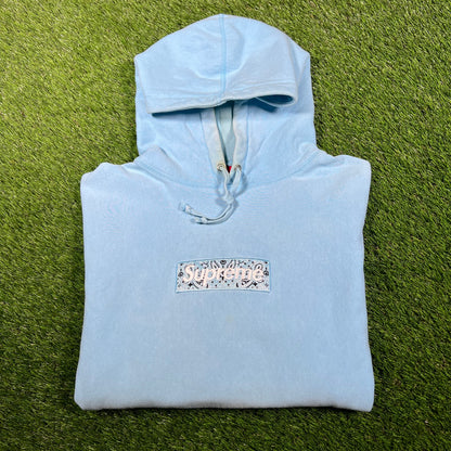Supreme Light Blue Bandana Box Logo Hoodie (2019) Size Large USED x14816