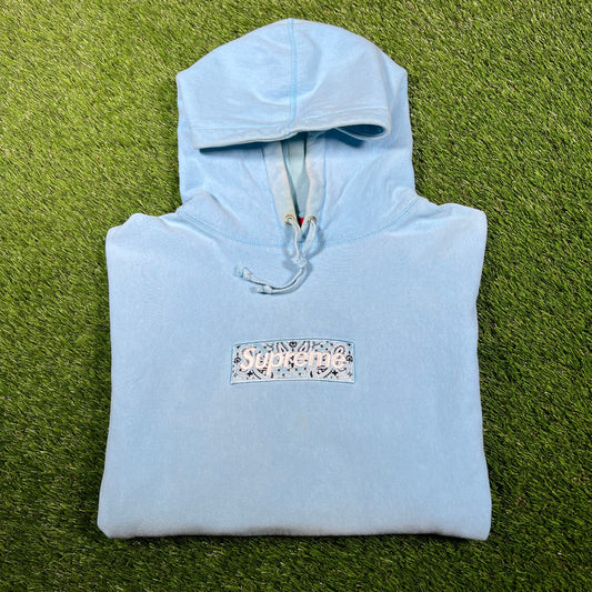 Supreme Light Blue Bandana Box Logo Hoodie (2019) Size Large USED x14816