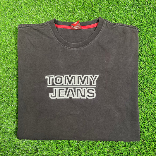 Y2K Tommy Jeans Washed Black Logo Tee Size Large USED v18139