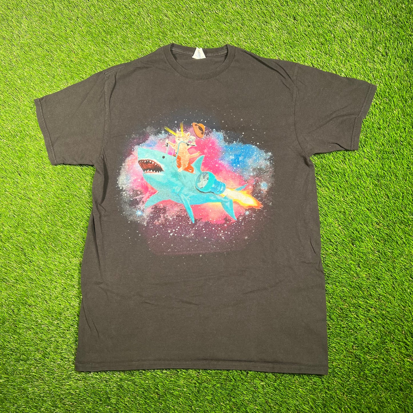 Cowboy Kitten Riding Shark Black Tee Size Large USED v17731