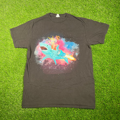 Cowboy Kitten Riding Shark Black Tee Size Large USED v17731