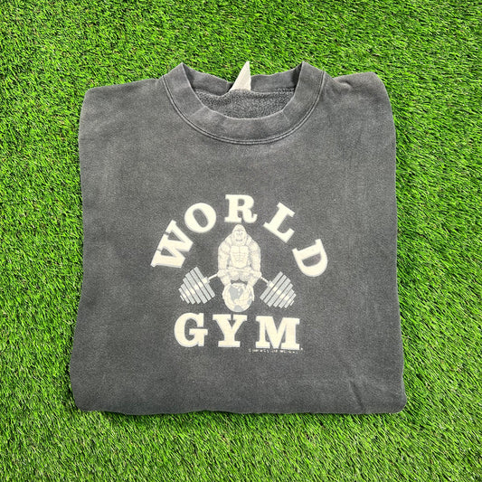 1991 World Gym Washed Black Crewneck Size XL USED v18591