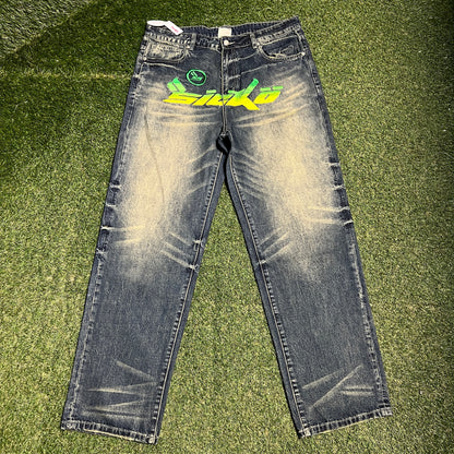 Sicko Front Embroidery Acid Washed Blue Jeans Size 36 NEW x14007