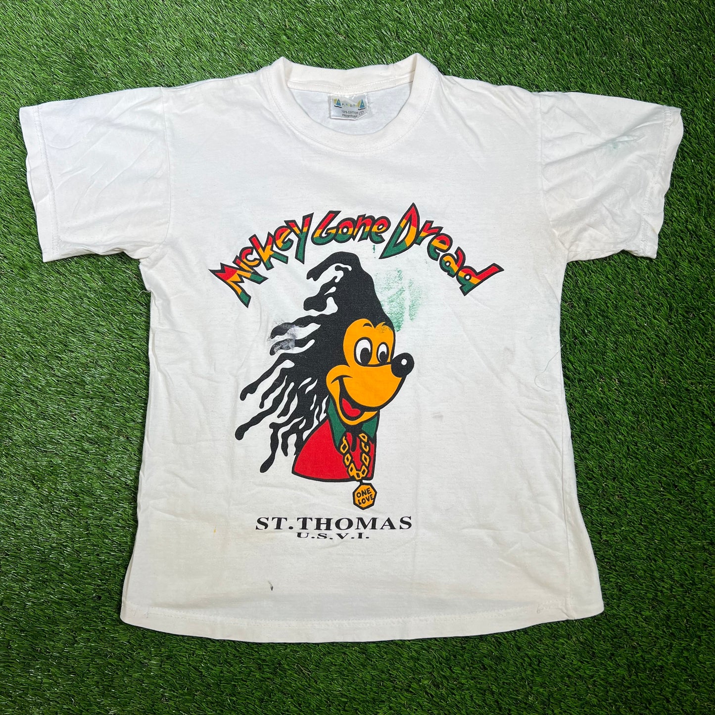 1990s Rasta Mickey Mouse White Tee Size Small v16518
