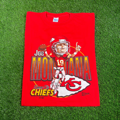 1993 Joe Montana Kansas City Chiefs Cartoon Red Tee Size XL USED v17802