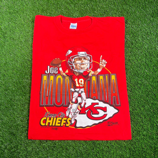 1993 Joe Montana Kansas City Chiefs Cartoon Red Tee Size XL USED v17802