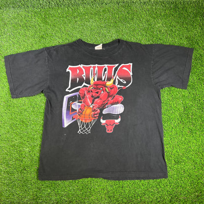 1990s Black Chicago Bulls Mascot Cartoon Tee Size XL USED v16588