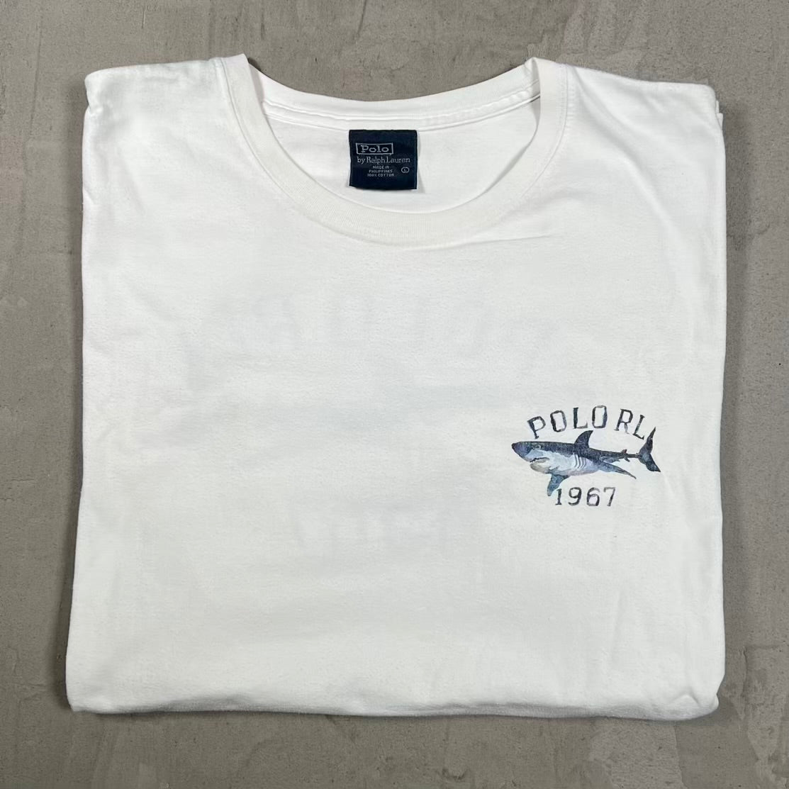Y2K Polo Ralph Lauren Shark Logo White Tee Size Large USED v20415