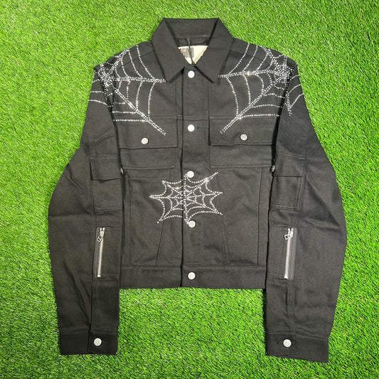 Sp5der Web Denim Cropped Trucker Black Jacket Size Medium NEW x12365