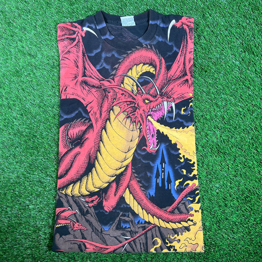 1993 Liquid Blue Dragon Knight AOP Black Tee Size Large USED v17915