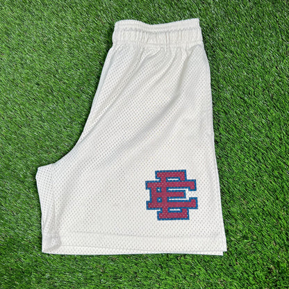 Eric Emanuel Red/Blue Logo Cream Shorts Size Small USED x14614