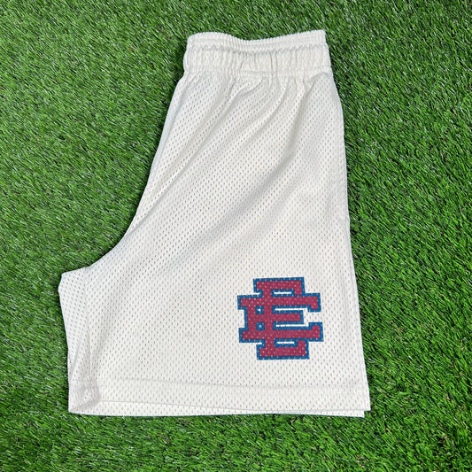 Eric Emanuel Red/Blue Logo Cream Shorts Size Small USED x14614