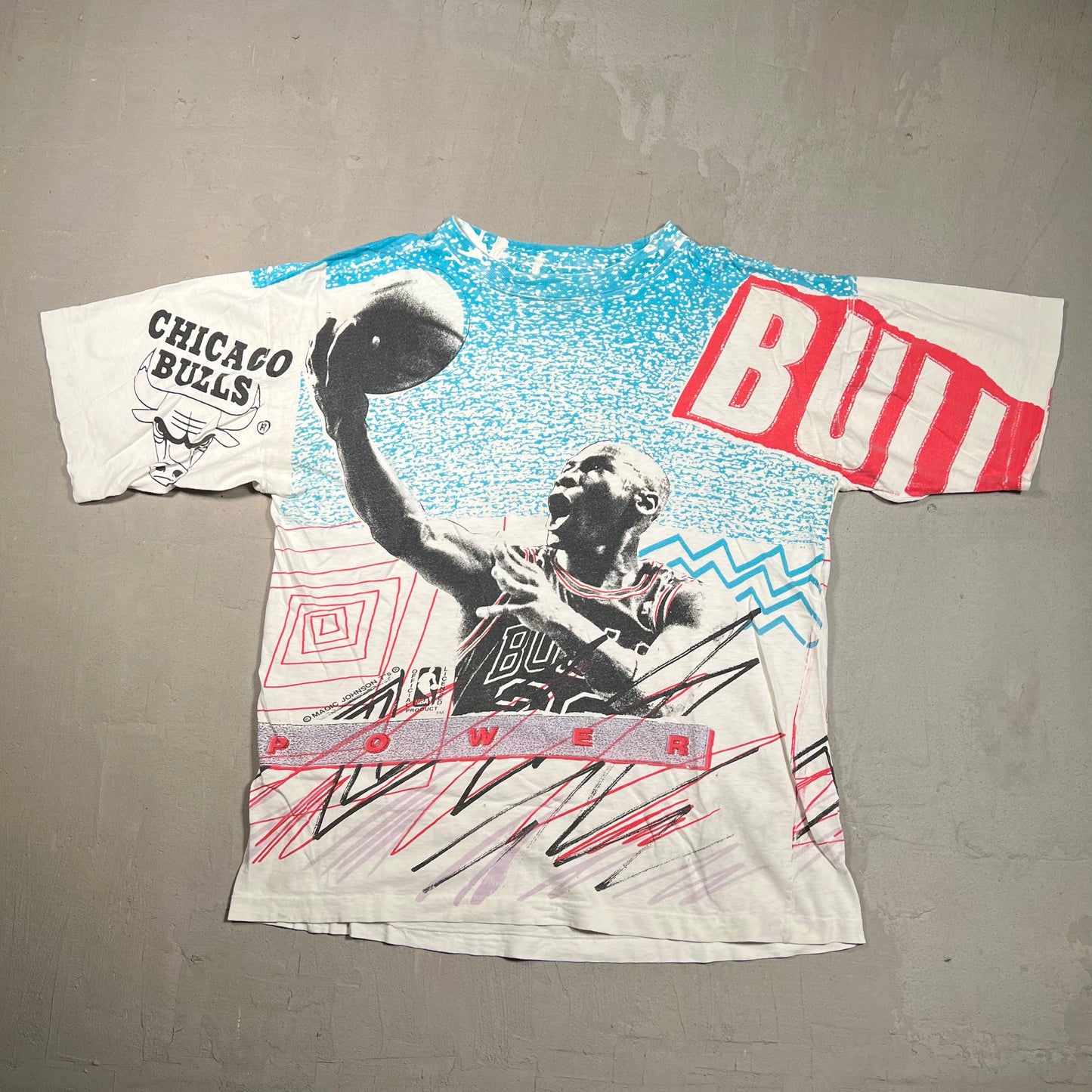 Michael Jordan Magic Johnson Tag Full Print Blue/White Tee Size Medium USED v5615