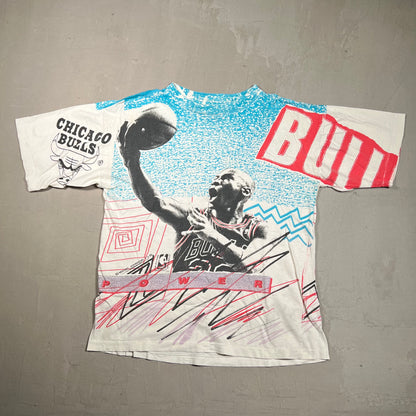 Michael Jordan Magic Johnson Tag Full Print Blue/White Tee Size Medium USED v5615