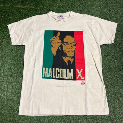 1990s Malcolm X Glitter Font Cream Tee Size Large USED v16402