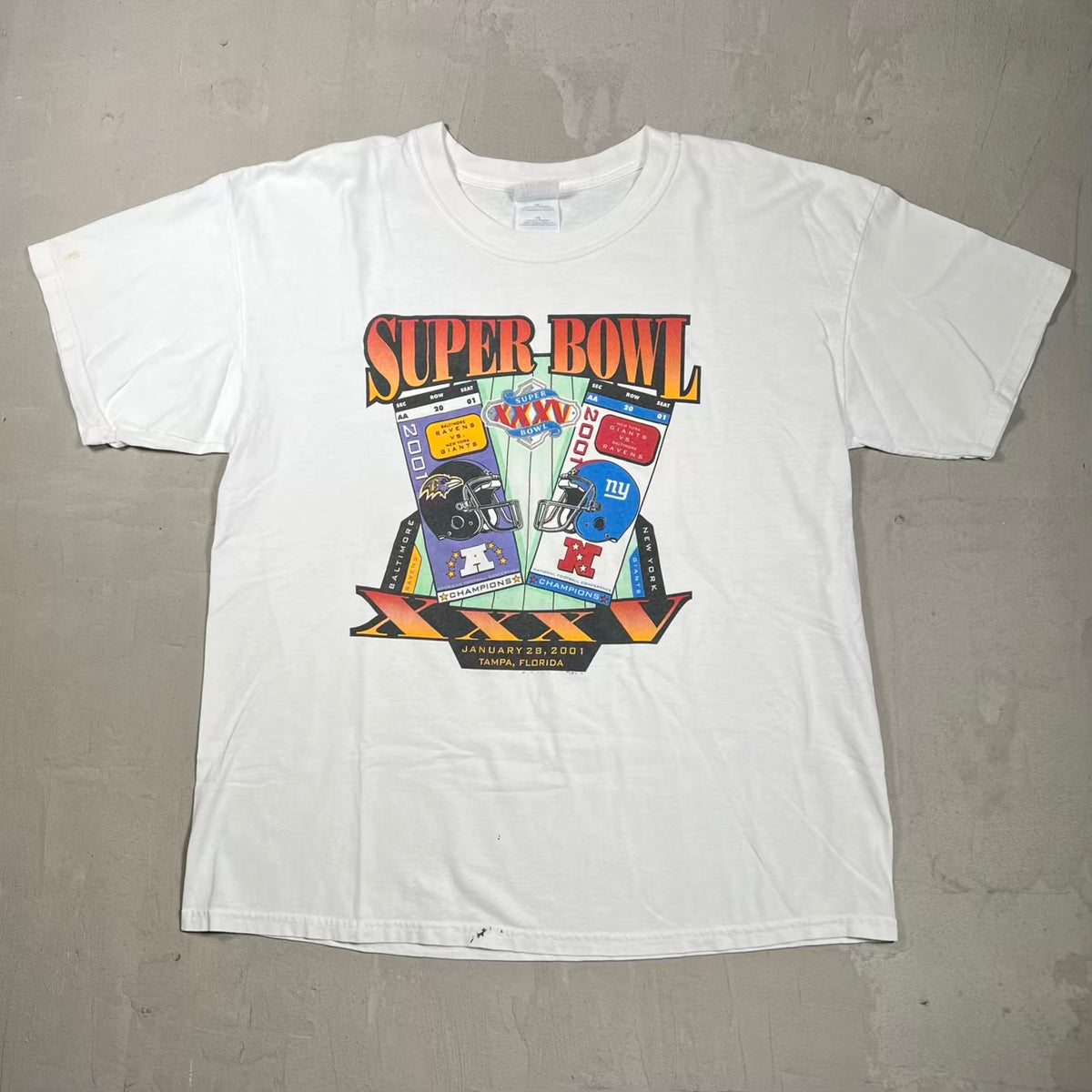 2001 Super Bowl Giants Ravens White Tee Size XL USED v20295