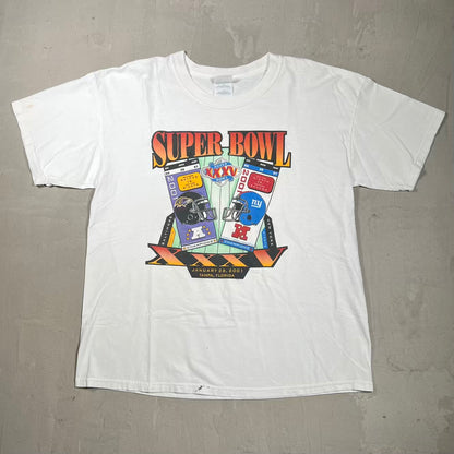 2001 Super Bowl Giants Ravens White Tee Size XL USED v20295