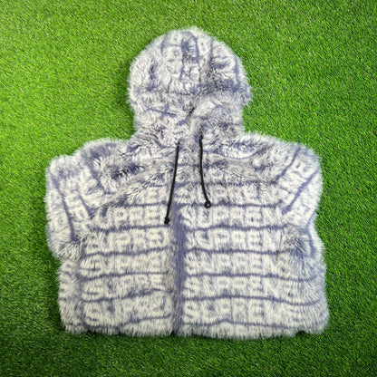 Supreme Faux Fur Purple Hooded Jacket Size Medium USED x15726