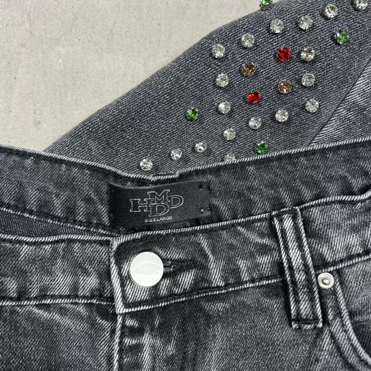 HMDD Black Wash H Star Rhinestone Baggy Denim Jeans Size Large USED x18950