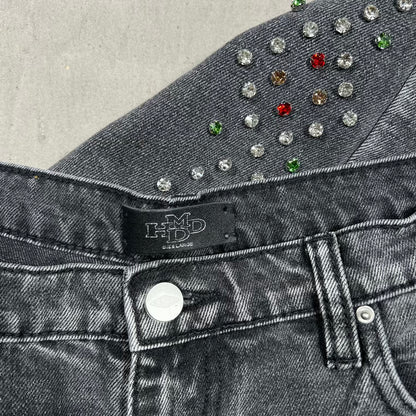 HMDD Black Wash H Star Rhinestone Baggy Denim Jeans Size Large USED x18950
