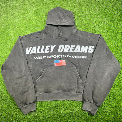 Vale Sports Division "Valley Dreams" Washed Black Distressed Hoodie Size XL USED x14849