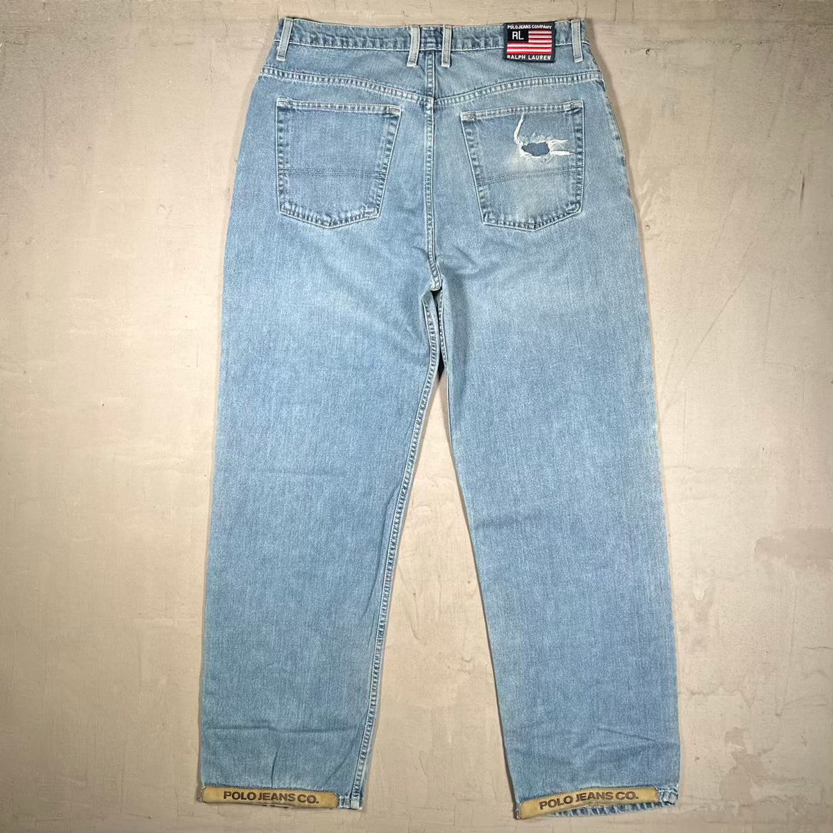 Y2K Polo Ralph Laren Jean Company Heel Bit Cover Blue Jeans Size 36x32 USED v20409