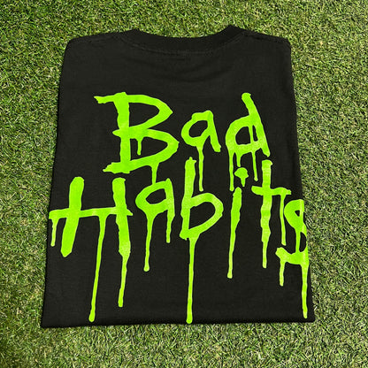 XO Nav Bad Habits Green Print Black Tee Size Small USED v16474