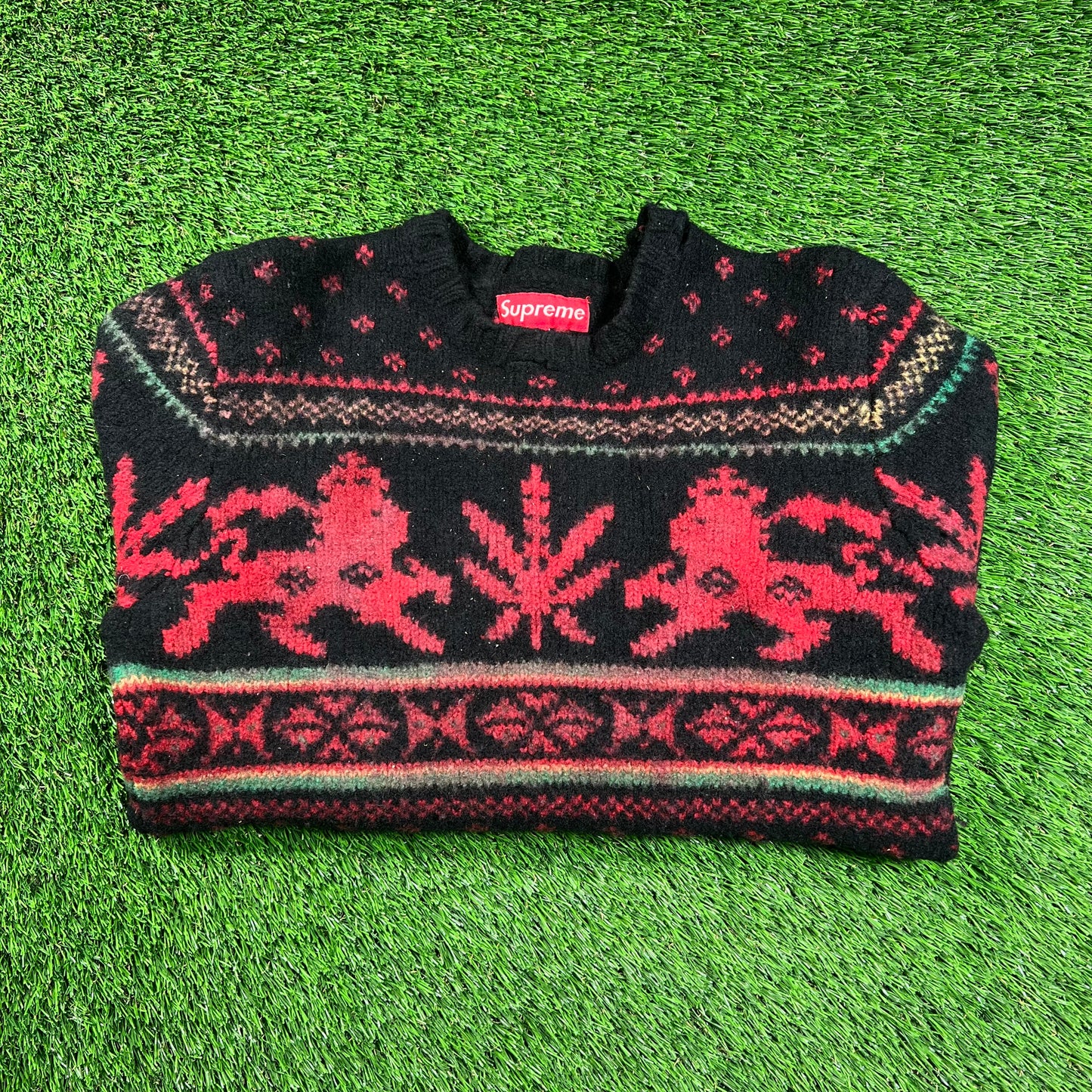 Supreme Black Lion Of Judah Weed Leaf Sweater Size Medium USED x16233