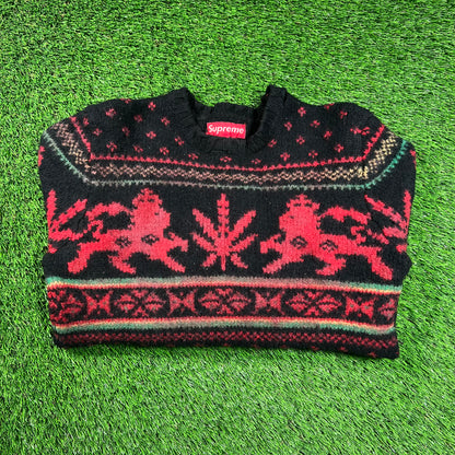 Supreme Black Lion Of Judah Weed Leaf Sweater Size Medium USED x16233