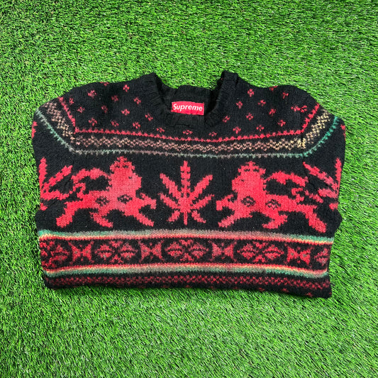 Supreme Black Lion Of Judah Weed Leaf Sweater Size Medium USED x16233