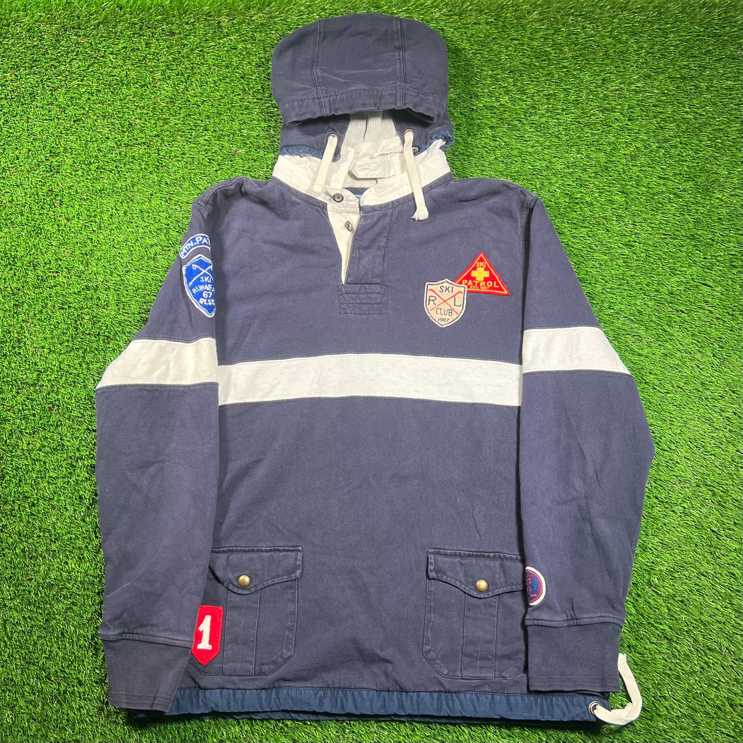 Y2K Polo Ralph Lauren Ski Club Detachable Navy Hood Polo Longsleeve Size XL USED v18379