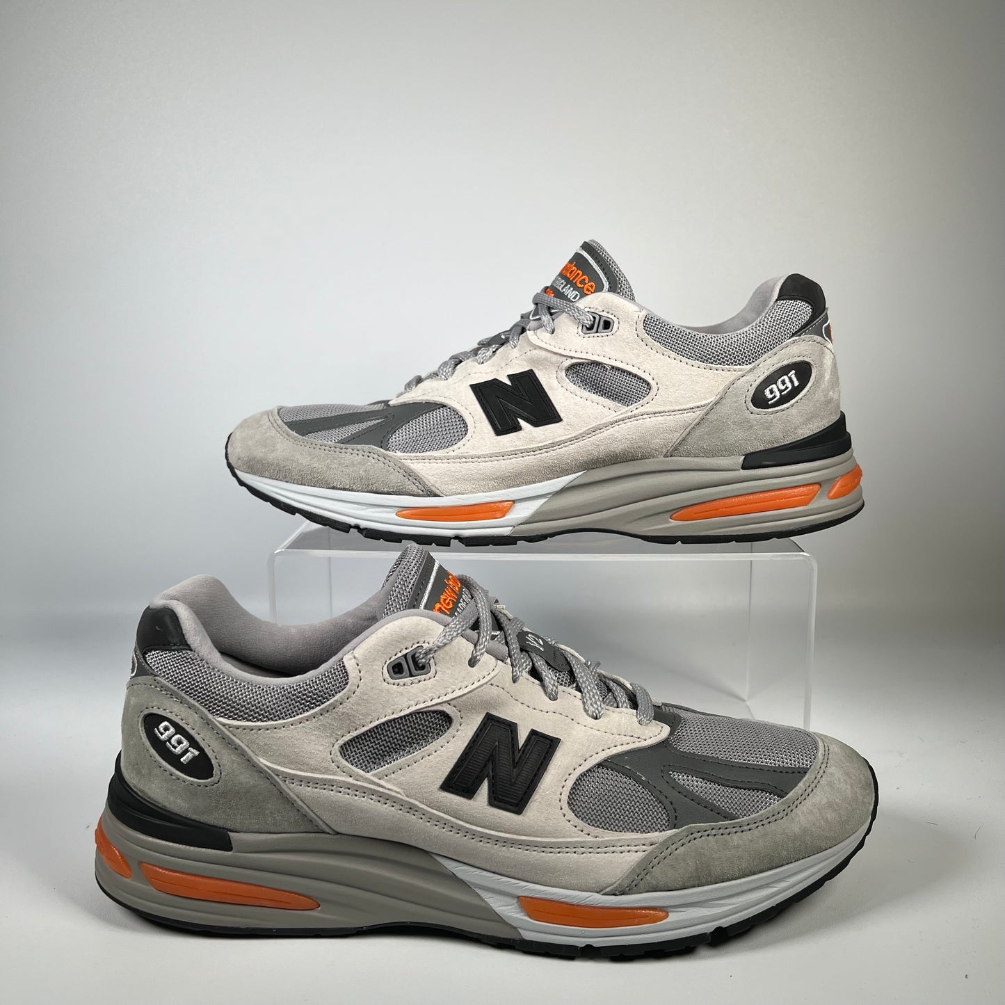 New Balance 991v2 Pelican Grey Orange (2024) Size 11.5 USED s18383