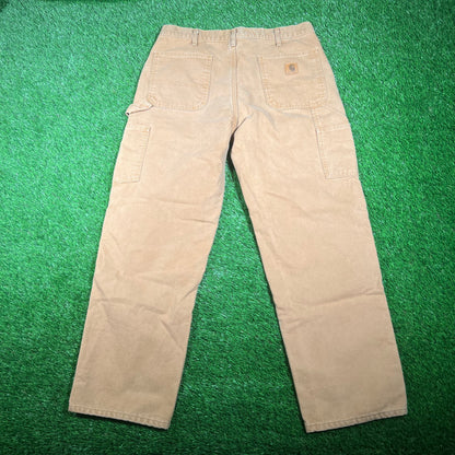 Y2K Carhartt Work Wear Flannel Lined Tan Pants Size 36x30 USED v17689