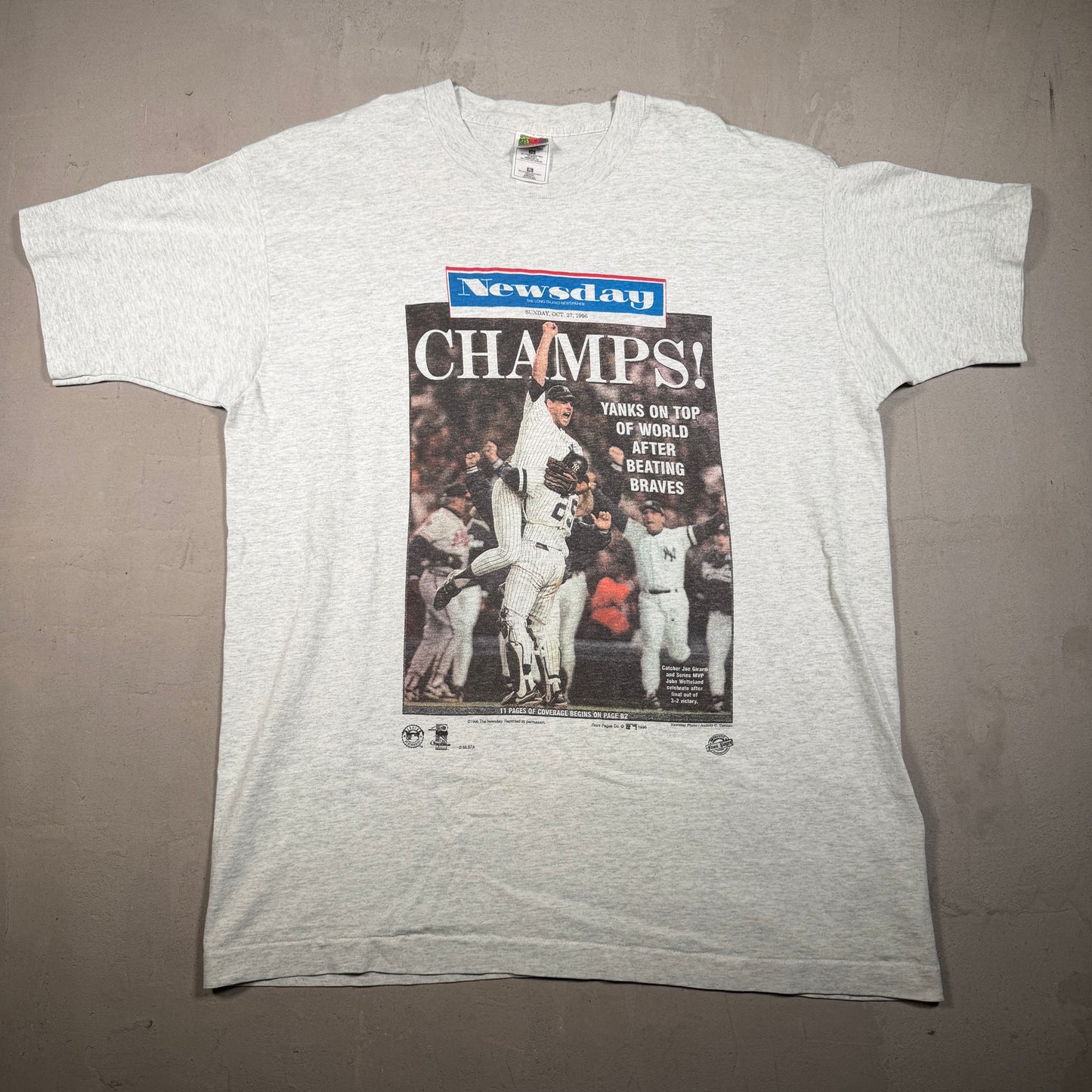 1996 Yankees Newsday Champs Grey Tee Size XL USED v16695