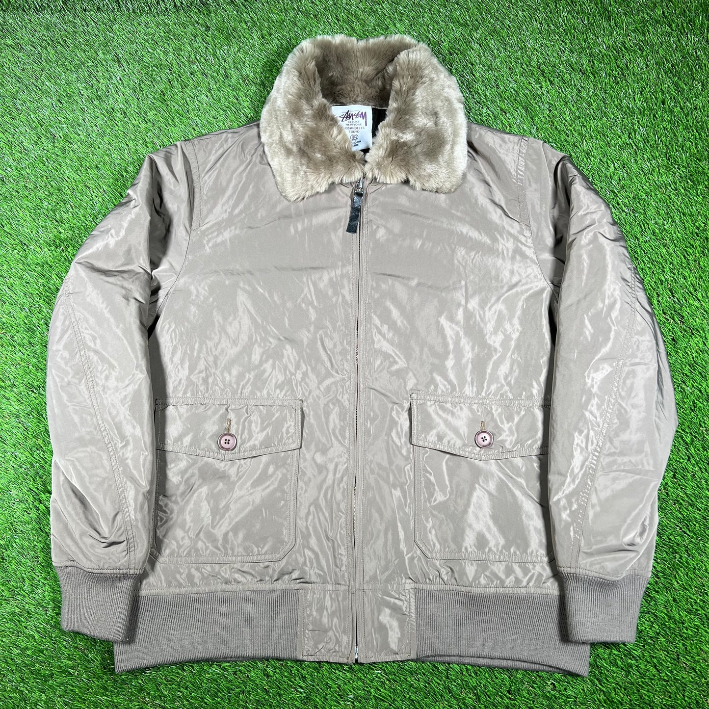 Stussy Quilted Goose Down Puffy Grey Jacket Size XL USED x14613