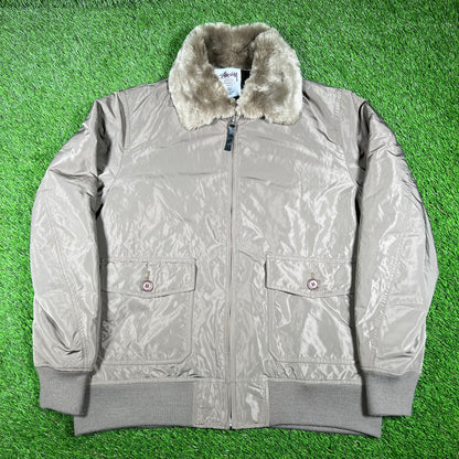 Stussy Quilted Goose Down Puffy Grey Jacket Size XL USED x14613